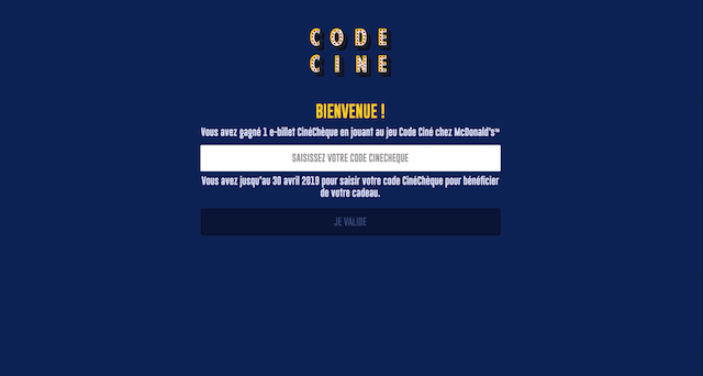 e-billet CineCheque - jeu code cine mcdonald's